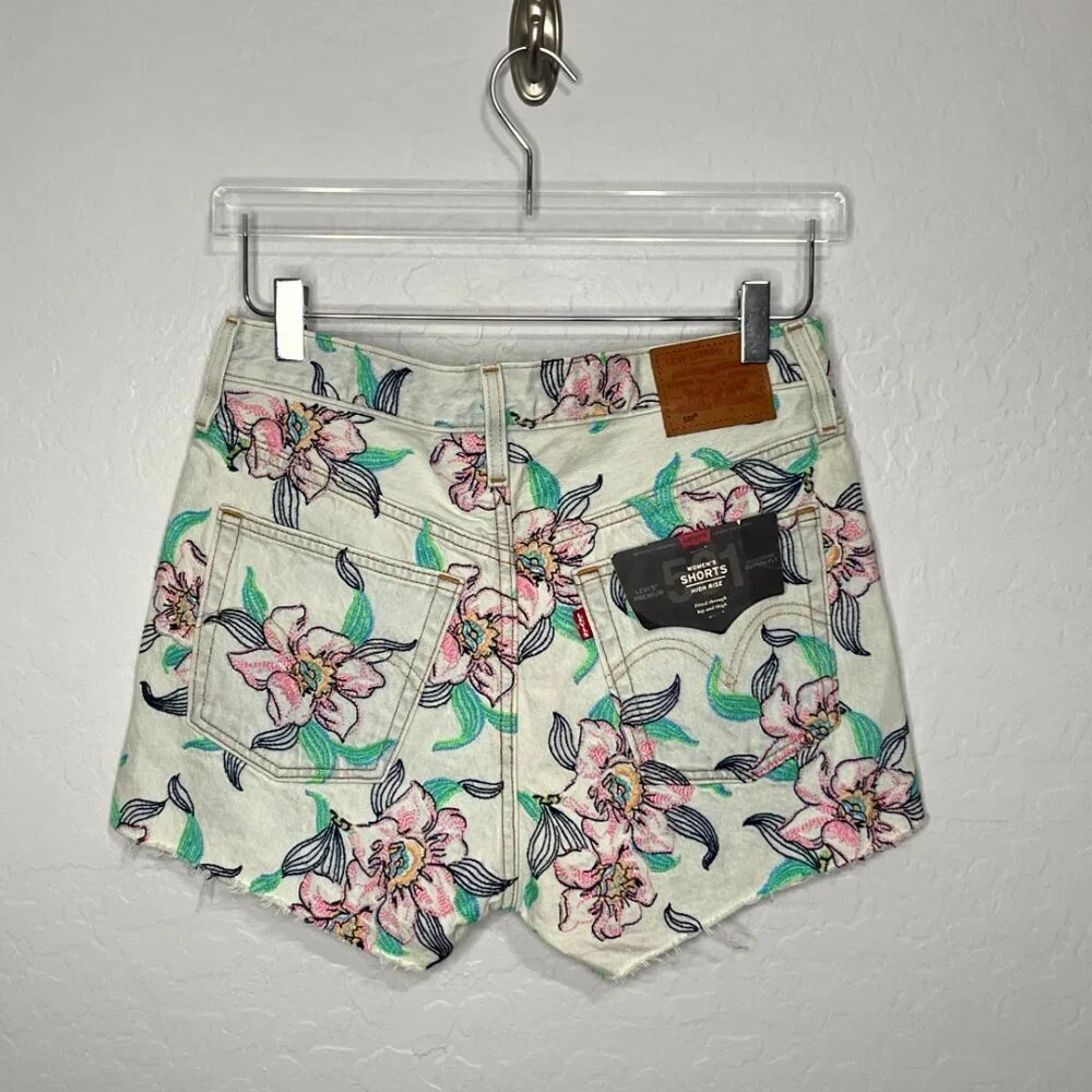 Levi's 501 Floral Pastel Embroidery Hi Rise Button Fly Cut Off Shorts Size 28 - Picture 8 of 8